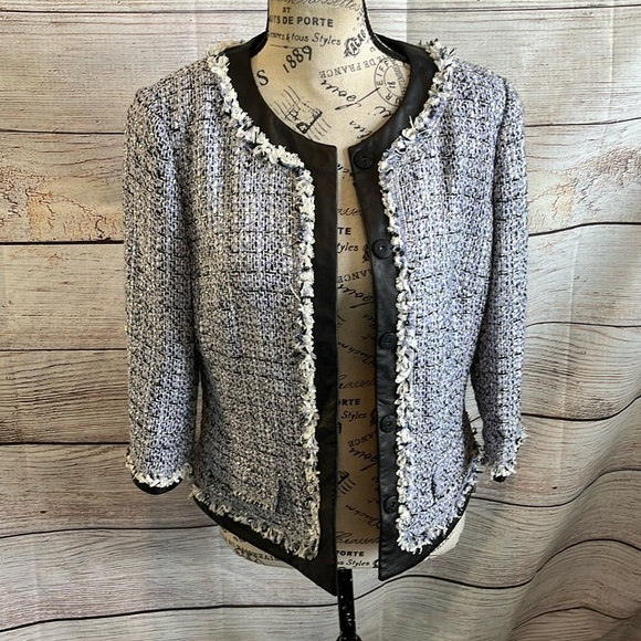 Lafayette 148 Tweed Blazer Leather Trim Size 4 Snap Closure Jacket - Picture 1 of 9